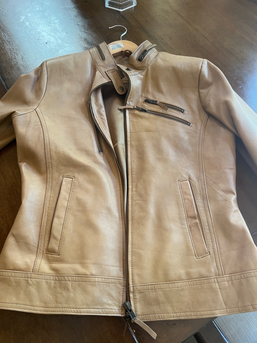 Women’s Tan Leather Moto Jacket - Classic Zip Front